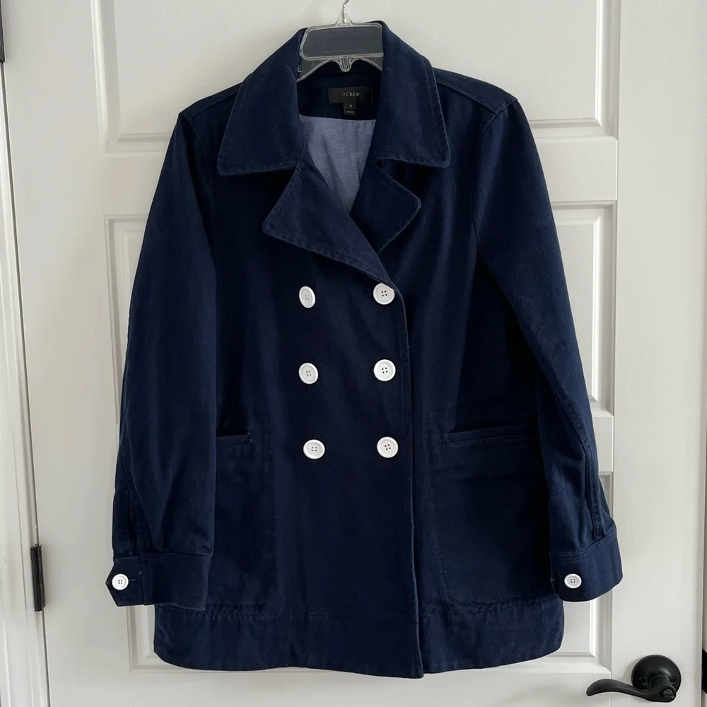J. Crew Peacoat Heavyweight Cotton Twill Double Breasted Button Up Size 12 Navy - Picture 3 of 16